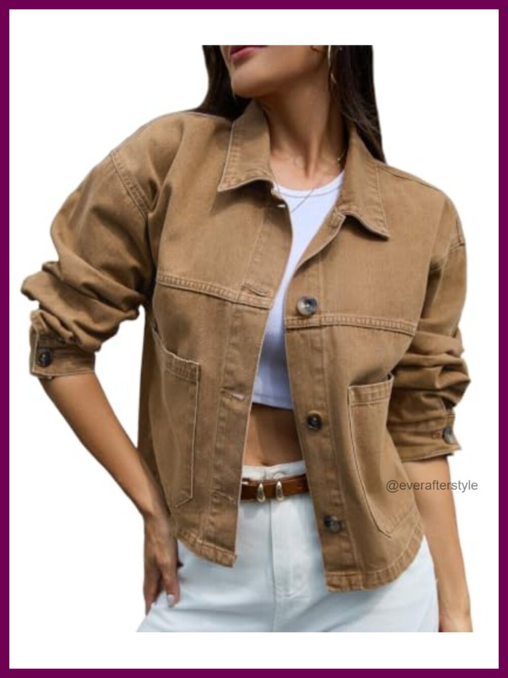 Washed Denim Cropped Jacket Drop Shoulder Button Utility Pockets